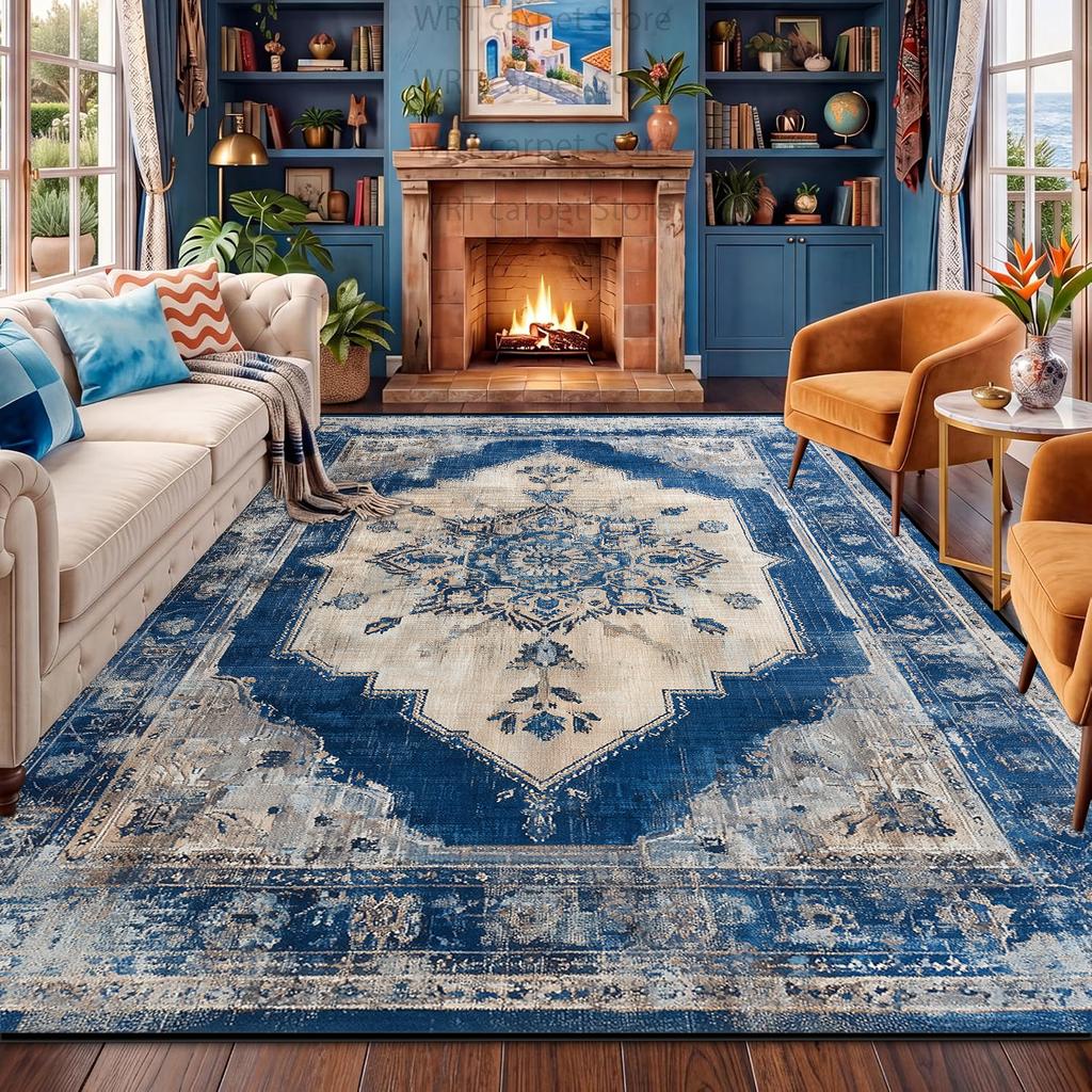 Persian-style Blue Living Room Carpet Retro Ethnic Non-slip Washable Bedroom Decoration Rug Home Dining Room Area Plush Foot Mat