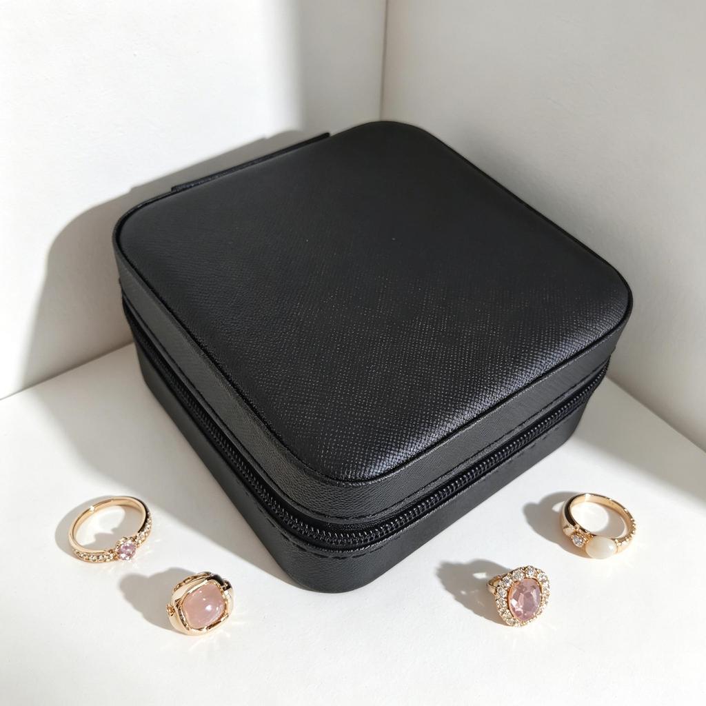 Caja de joyería compacta de cuero para mujer: un bonito organizador para colgantes, pendientes y anillos.