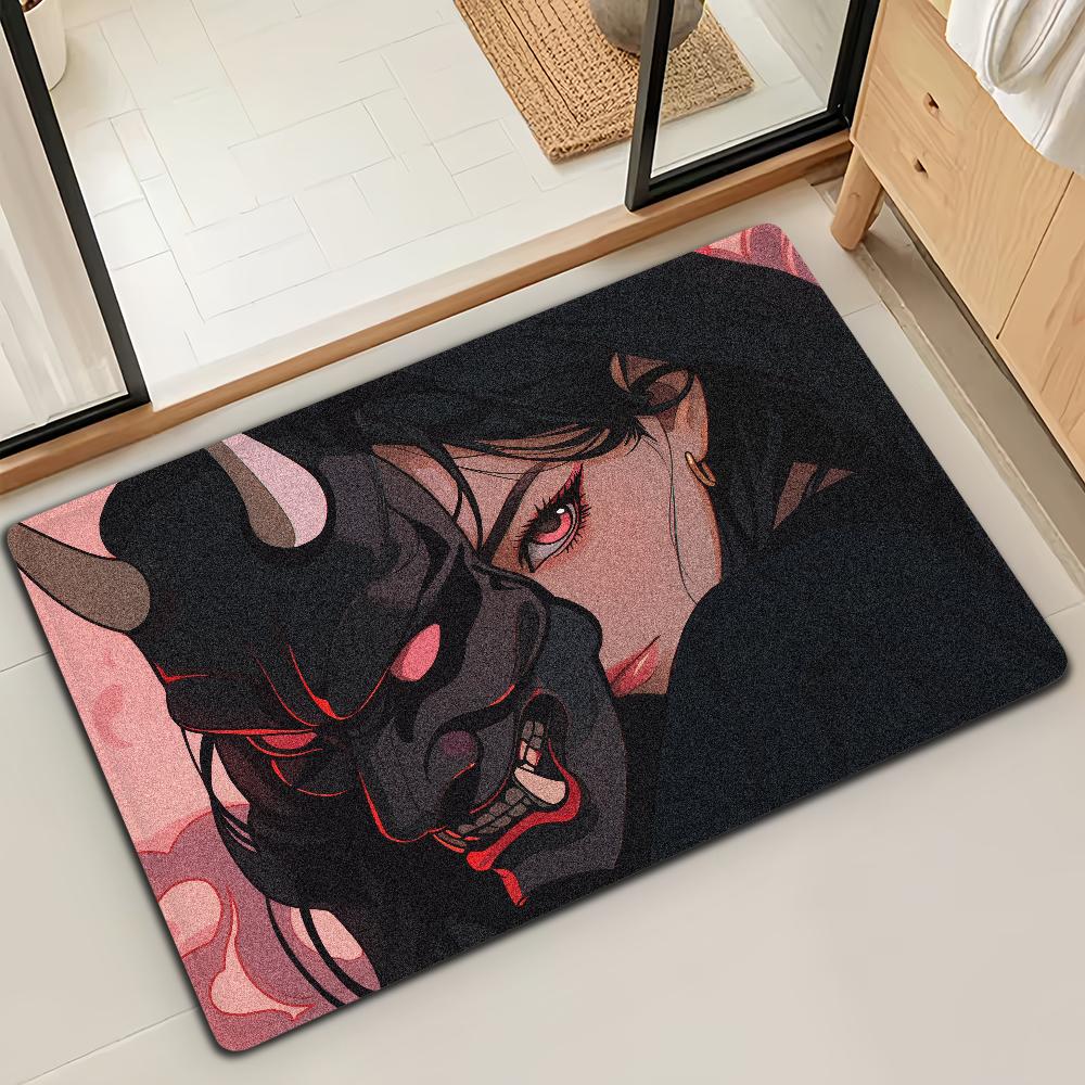 Japanese Samurai Oni Mask Girl Door Mat Bath Microfiber Decorative Versatile Flannel Floor Mat Quick Dry Absorbent Non-slip Sole