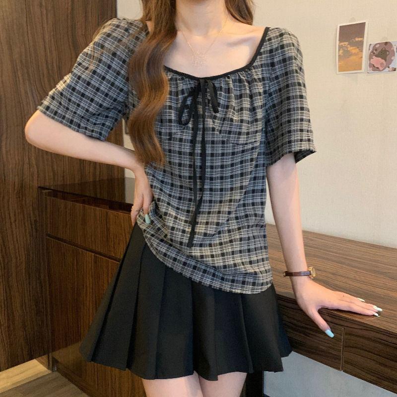 

Клетчатые женские топы с коротким рукавом, французский ретро, квадратный вырез, блузка на шнуровке, милая универсальная женская одежда 3XL
