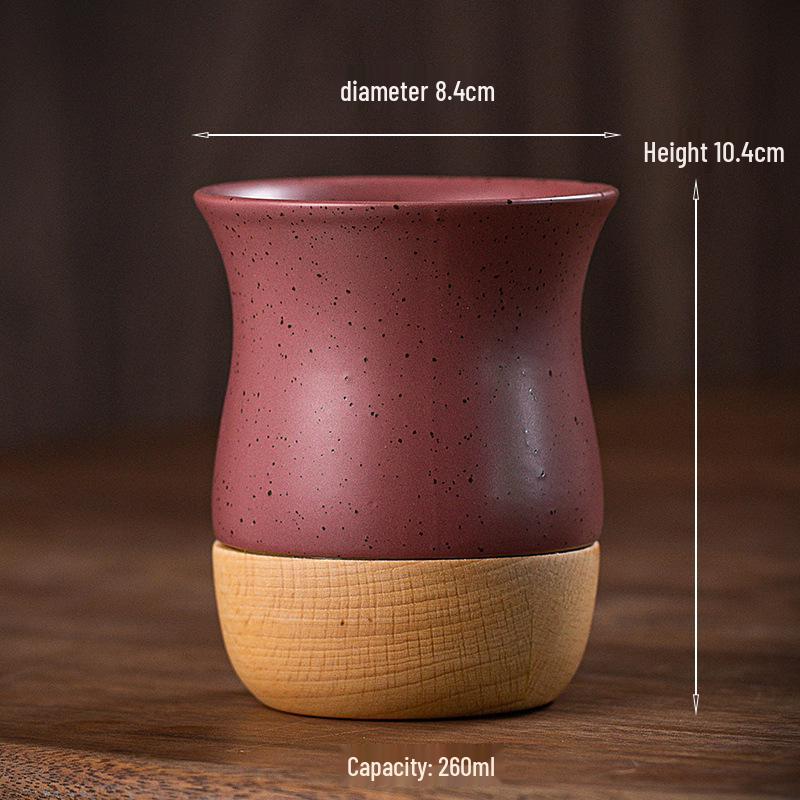 Vintage Coarse Pottery Ceramic Espresso Cup with Wooden Base, Personal Water & Tea Mug for Office