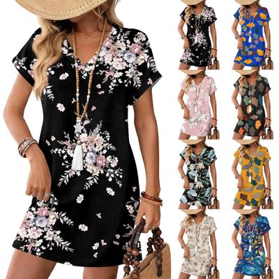 Short Sleeve Women's Dress Casual Dresses With Pockets V Neck Vocation Boho Beach Sundress