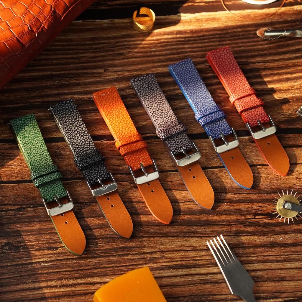 [vinacreations] 22mm Black Galuchat Watch Strap, Stingray Leather Replacement Watch Band, Flat and Thin Strap, Stingray Leather Strap with Wrist Buckl