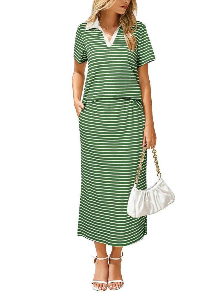Striped Polo Collar Short Sleeve Top and Midi Skirt Two Piece Set in Multi Colors