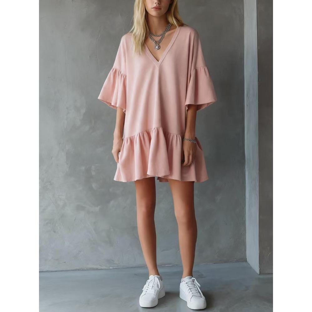 Women s V Neck Flare Sleeve Loose Fit Solid Ruffle Hem Mini Dress Summer Casual Daily Short Shift Dress S розовый