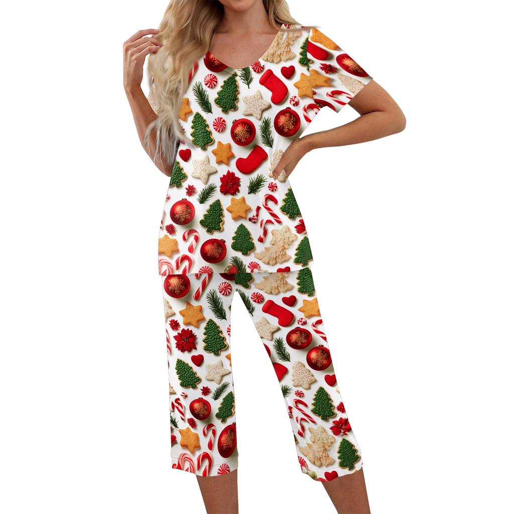 Women's Casual Two Piece Outfit Set Christmas Print Short Sleeve Pants