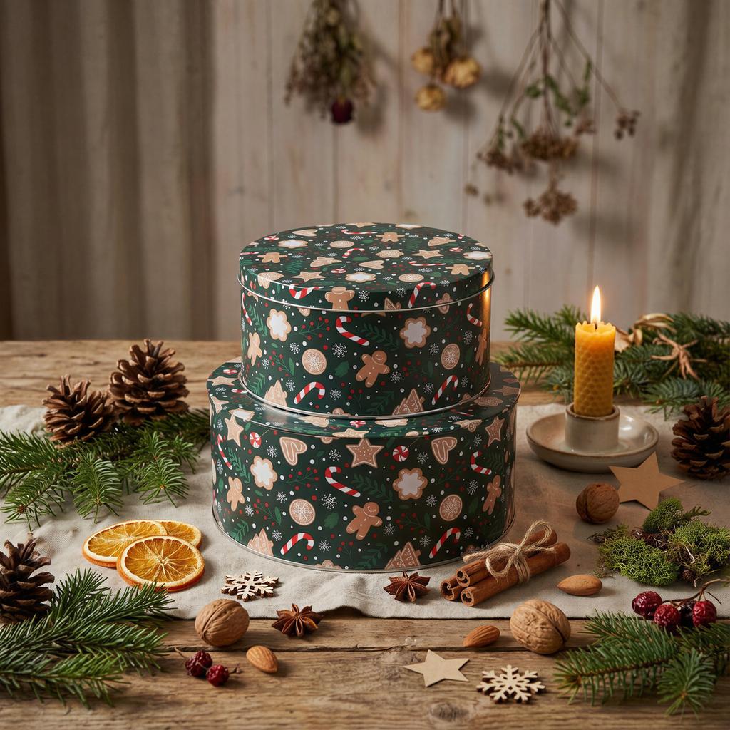 CHRISTMAS TIN BOX 2 PCS FOR COOKIES, GINGERBREAD, SWEETS, RODS 20 Cm