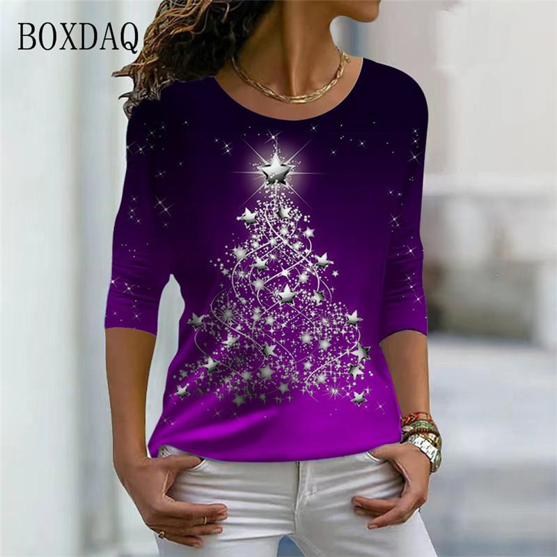 Christmas Tree Pattern Women 3d T-shirts Long Sleeve Christmas Style Street Fashion Ladies Tees Casual Cotton Tops Merry Year