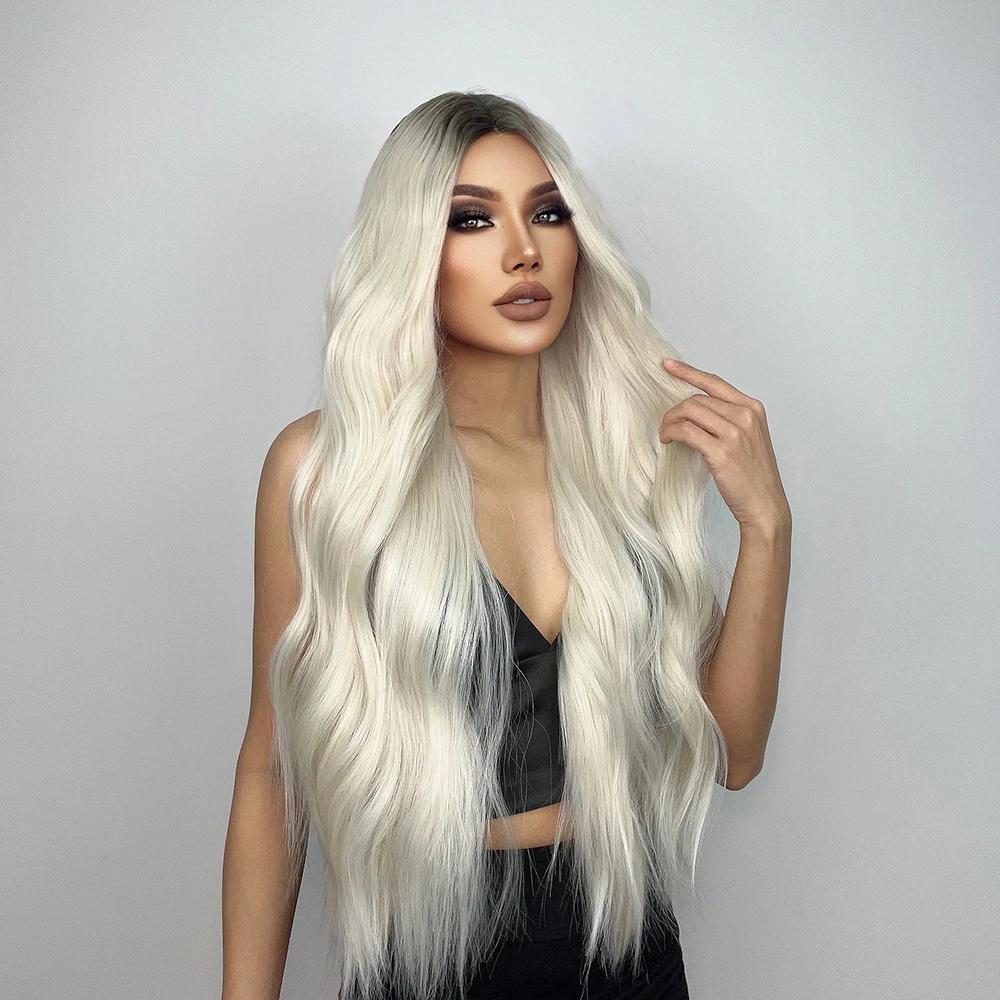 EASIHAIR Super Long Wavy Lace Front Synthetic Wigs Platinum Blonde Ombre Natural Lace Frontal Wig for Women Heat Resistant Cosplay Wig