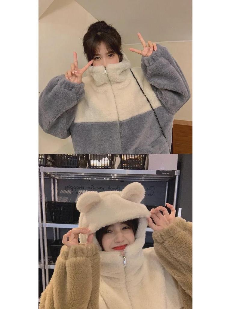 Women's 2024 Winter Hooded Faux Lambskin Jacket – Warm, Trendy, Thickened Velvet Lining