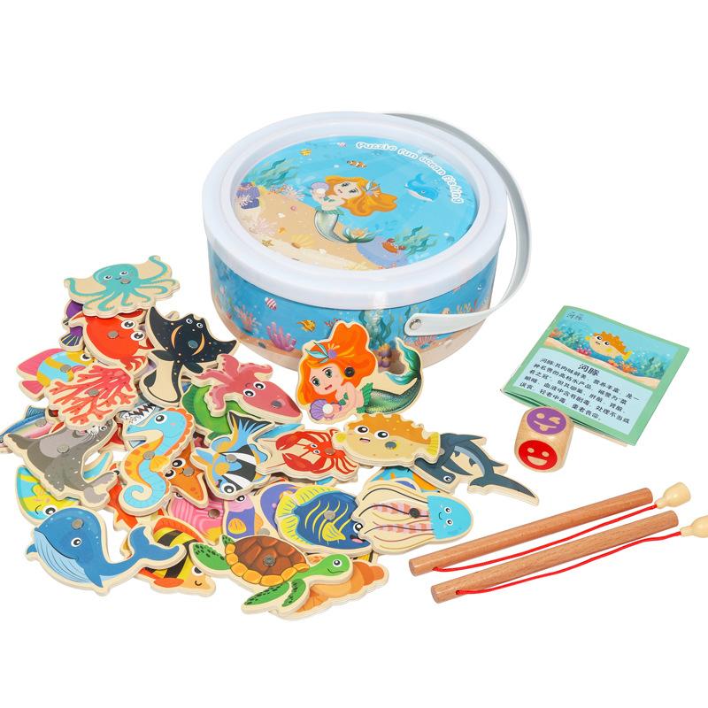 Fishing Toys Children'S Magnetic Fish Wooden Toddler Barreled Marine Animal Cognitive Interactive Toys, Fishing Games