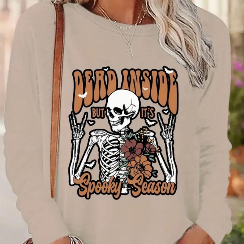 

Топы для женщин Танцующий скелет Принт Круглый вырез Длинный рукав Футболка Осенний повседневный тонкий пуловер Женский длинный рукав Топ 8XL бежевый