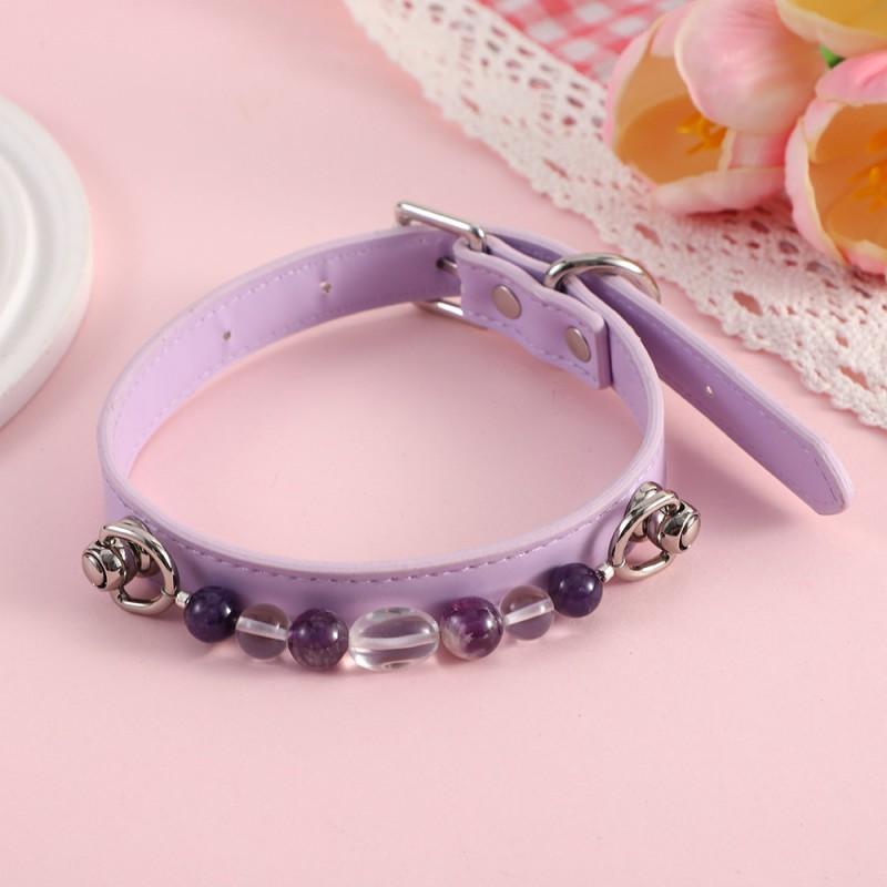 Adjustable Pet Collar With Pearl Decor Dogs Cats PU Leather Safety Neckband Stylish Accessory Daily Walks