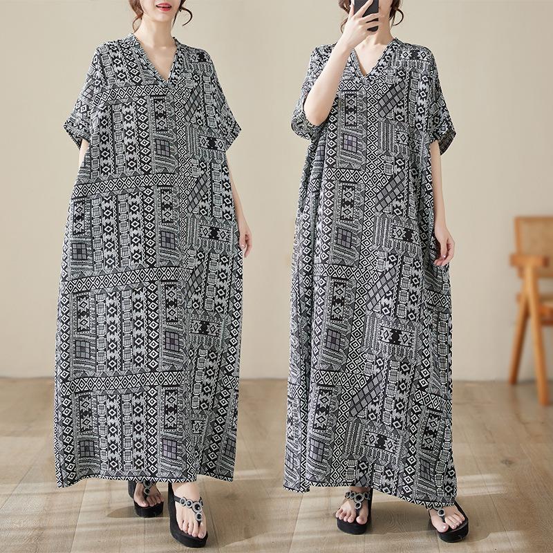 Spring Summer V-neck Cotton Linen Dresses Retro Long Robe Plus Size Loose Artistic Vacation Style Beach Dresses