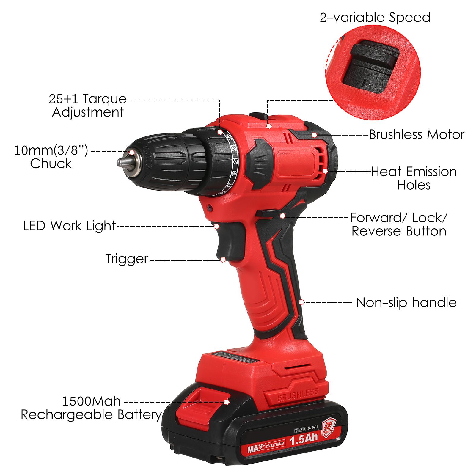 

Набор бесщеточных литиевых сверл 21 В, 1580 Вт, патрон 3/8 дюйма, сверхмощная электрическая дрель, мощная отвертка с