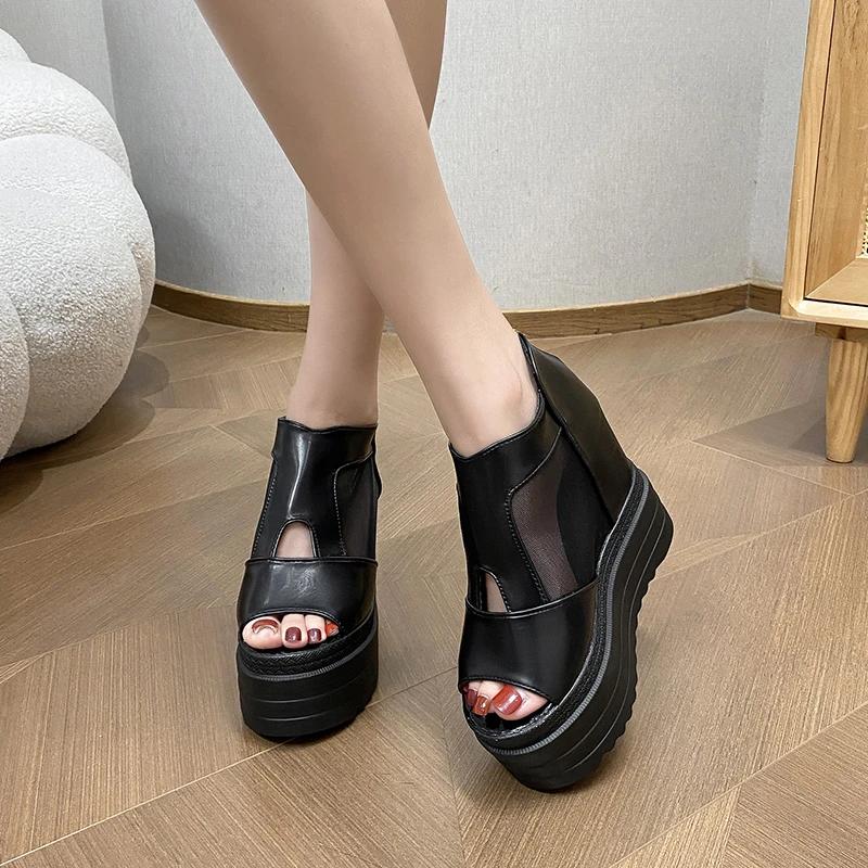 Fashion 12.5CM High Heels Sandals Clogs Wedge Female Shoes Summer Increasing Height Open Toe Platform Sandals Fashion Closed Peep Boots