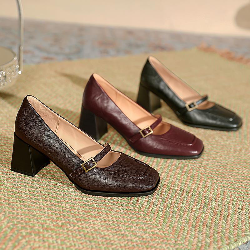Buty Mary Jane na grubym obcasie Retro kwadratowy nosek Damskie buty Temperament Pojedyncze buty Francuskie eleganckie buty do pracy Płytkie wycięcie Wysokie obcasy
