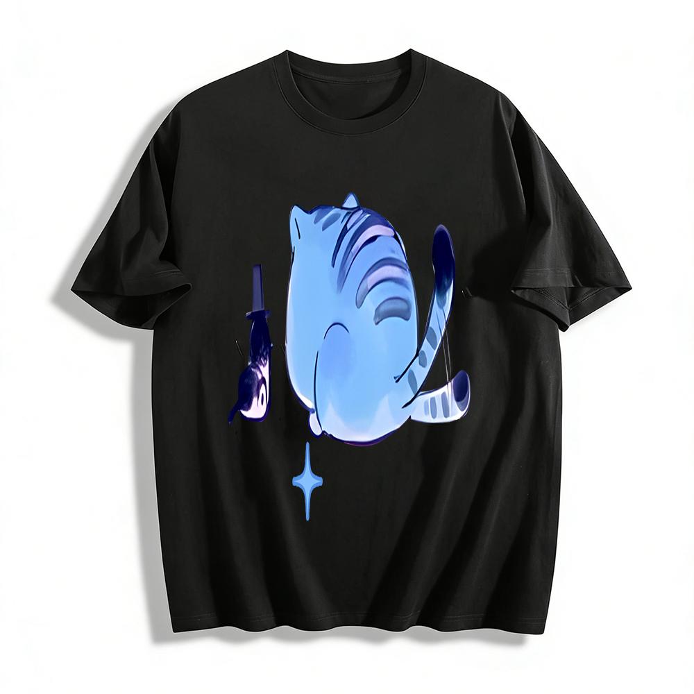 

Cute Blue Striped Cat & Top Hat Penguin Print Casual T-Shirt Unisex Loose Breathable Daily Top Pure cotton T-shirt XXS