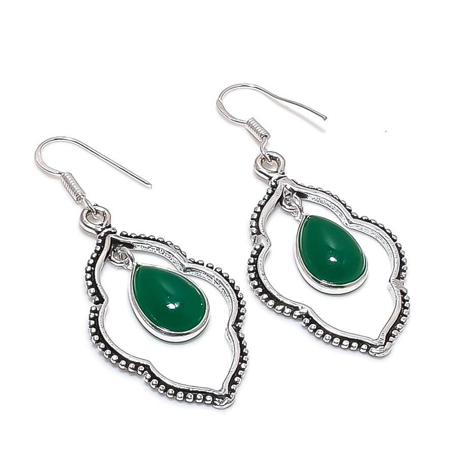 Green Onyx Gemstone Handmade 925 Sterling Silver Jewelry Earring 2.17" KJ-779