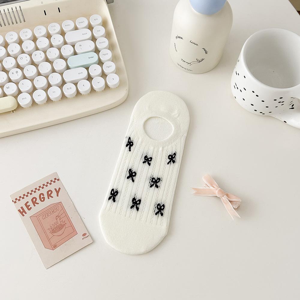 Socquettes nœud papillon, Maille respirante style ballerine pour femme, Antidérapantes, Antibactériennes, Talon anti-dérapant, Chaussettes courtes invisibles à décolleté bas