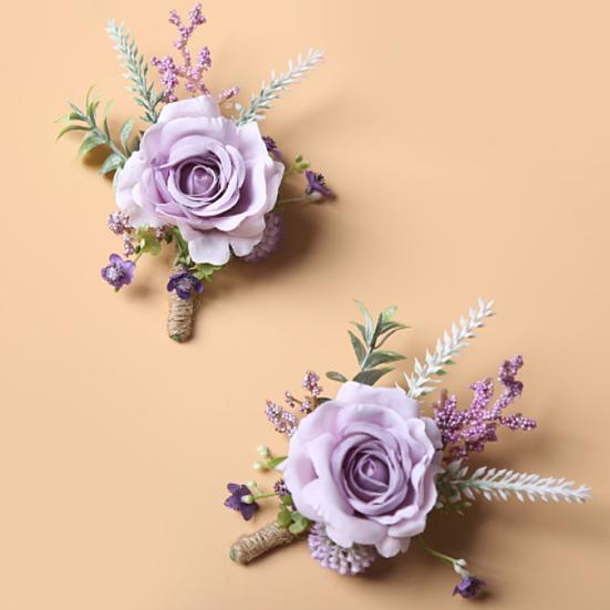 Europäisches Weißes Rosen-Anstecker & Handgelenk-Gesteck Set, Künstliche Seidenblume für Bräutigam Braut Brautjungfer, Outdoor-Hochzeitsfeier Dekoration