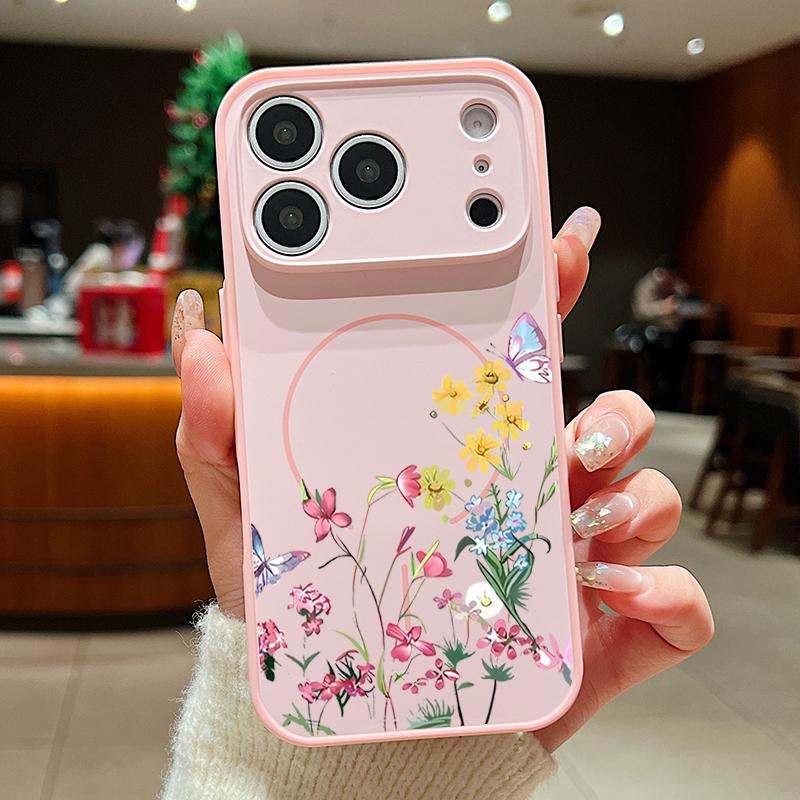 Colorful Embossed Flowers Case For iPhone 17 Pro Max Funda iPhone 16 15 14 13 Pro Max Magnetic For Magsafe Hybrid Slim Matte Cover