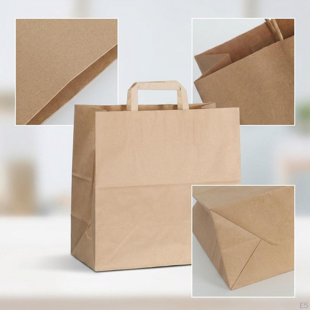 50 Brown Paper Bags with Flat Handles, Bottom Gift Bags, Reusable And Suitable for.