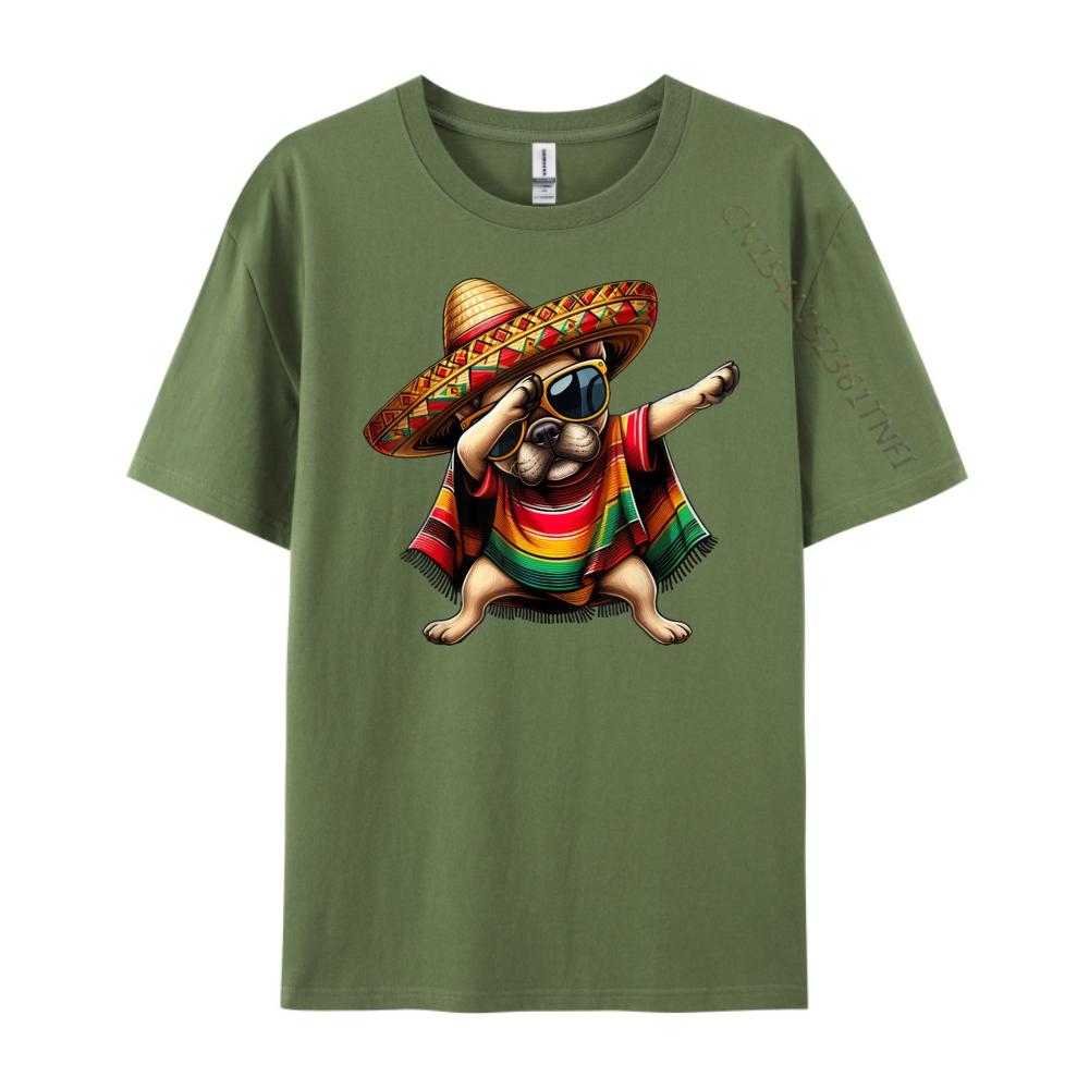 Dabbing Frenchie Dog Sombrero Mexican Poncho Cinco De Mayo Graphic T Shirts Men Cotton Camisetas  Breathable