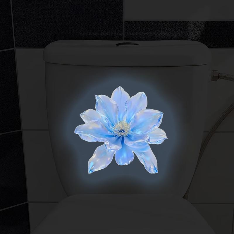 Glow-In-The-Dark Rainbow Blue Flower Toilet Sticker Shiny Crystal Floral Theme Decal Self-Adhesive Removable Bathroom Decoration