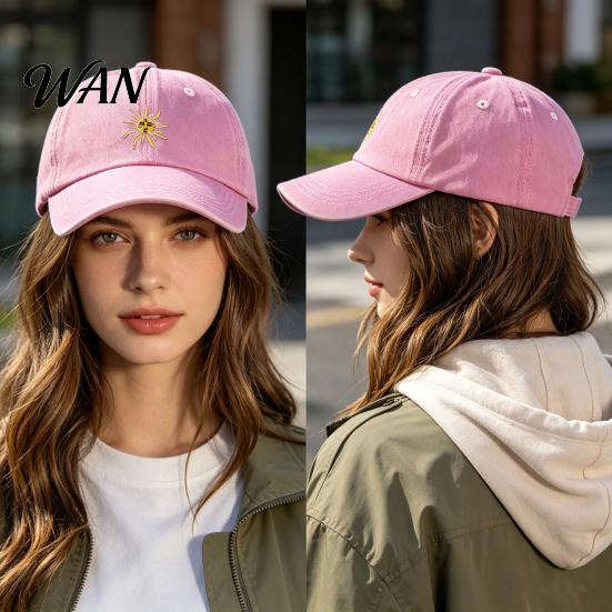 Breathable Baseball Hat Embroidery Sun Pattern Hat, Adjustable Back Buckle Retro Distressed Style Cap, Washed Cotton Fabric Outdoor Sunshade Cap Soft