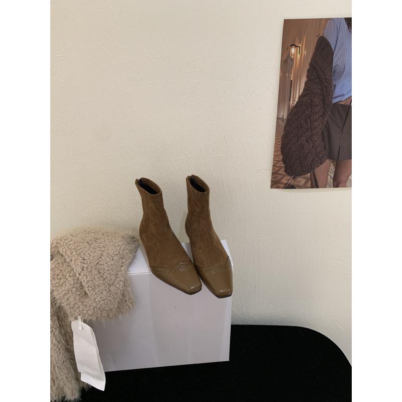 

2025 autumn and winter new niche design splicing square head short boots suede fashion versatile fashion boots 38 светло-коричневого
