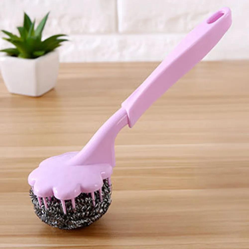 Long Handle Pan Pot Brush Sink Dish Bowl Wire Ball Washing Brush Multifunctional Practical Stain Removal Kitchen Cleaning Tools