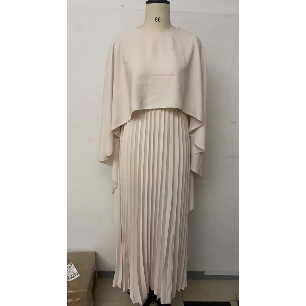Spring Summer Elegant Crew Neck Pleated Dresses Women Casual Solid Loose Long Dress Cloak Sleeves Ruffle Maxi Dress Vestidos