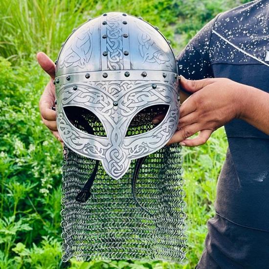 Medieval Viking Gjermundbu Helmet  Authentic Etched Norse Warrior Battle Helmet  LARP Viking Helmet With Chainmail  Best Gift For Him