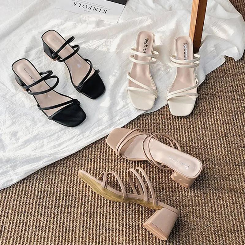 Women Sandals Ladies Square Heels Elegant Summer Slippers Outside Cross Tied Leather Female Slides 2025 Fashion Woman Sandals