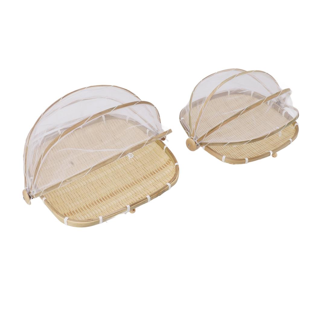 2Pcs Food Serving Tent Basket Fly Skeeter Insect Resistant Bamboo Basket With Dish Mesh Cover