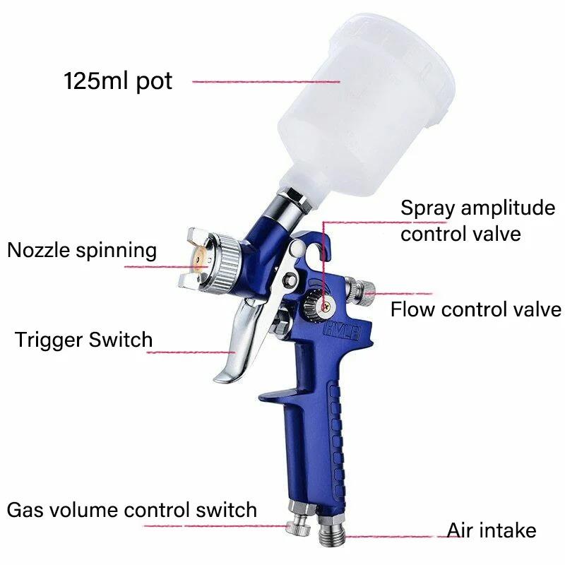 Mini Pneumatisk Sprøytepistol H-2000 Profesjonell 0.8/1.0mm Dyse 125ml For Billakkering Reparasjon Pneumatisk Sprøytepistol Mini Sprøytepistol