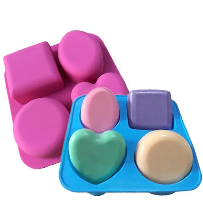 New Creative 4 Cavity Soap Molds Round Oval Heart Square Shape Handmade Soap Cake Baking Mold Soap Making Tools Color Random