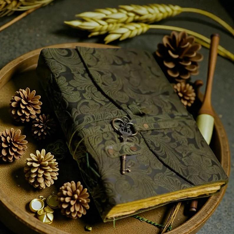 Green Embossed Leather Journal 5×7” | Handmade Deckle Edge Paper Diary 200 Pages | Vintage Key Lock Notebook | Floral Leather Writing Sketchbook