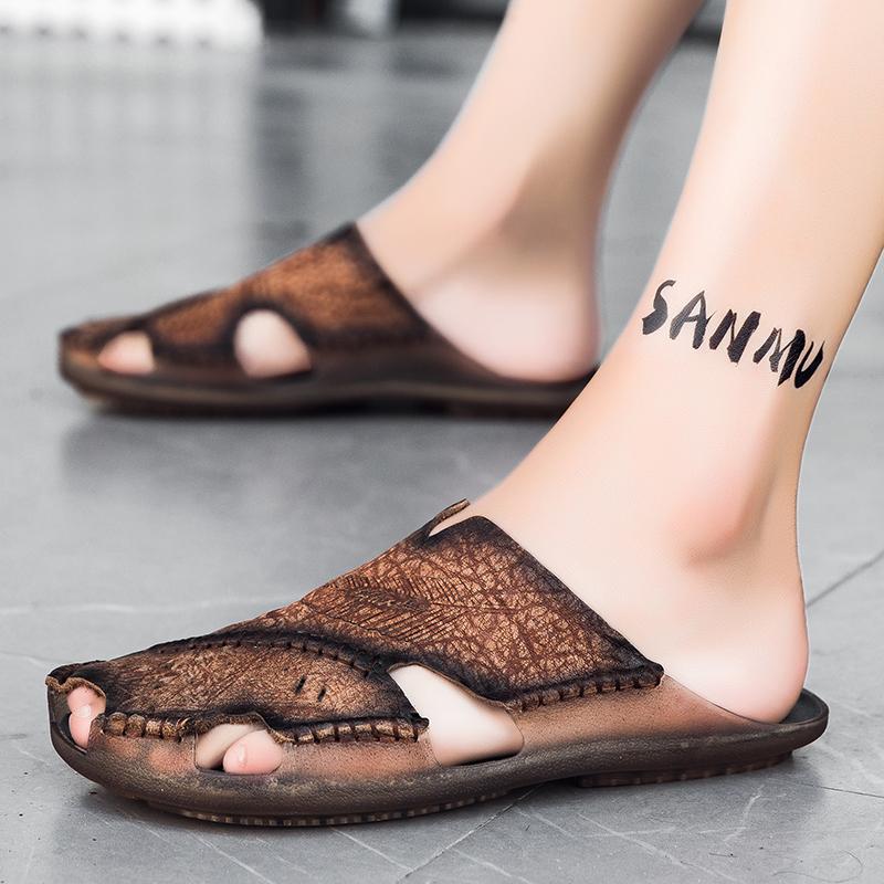 Fashion 2024 New Casual Men's Soft Slippers Comfortable Men Summer Leather Sandals Roman Summer Outdoor Beach Sandals Black