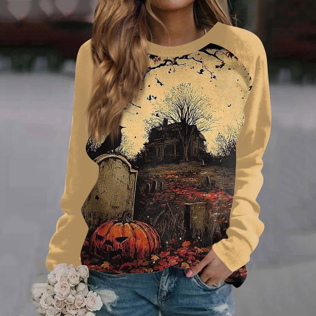 Women's Fashion Casual Long Sleeve Halloween Printed Round Neck Sweater Top