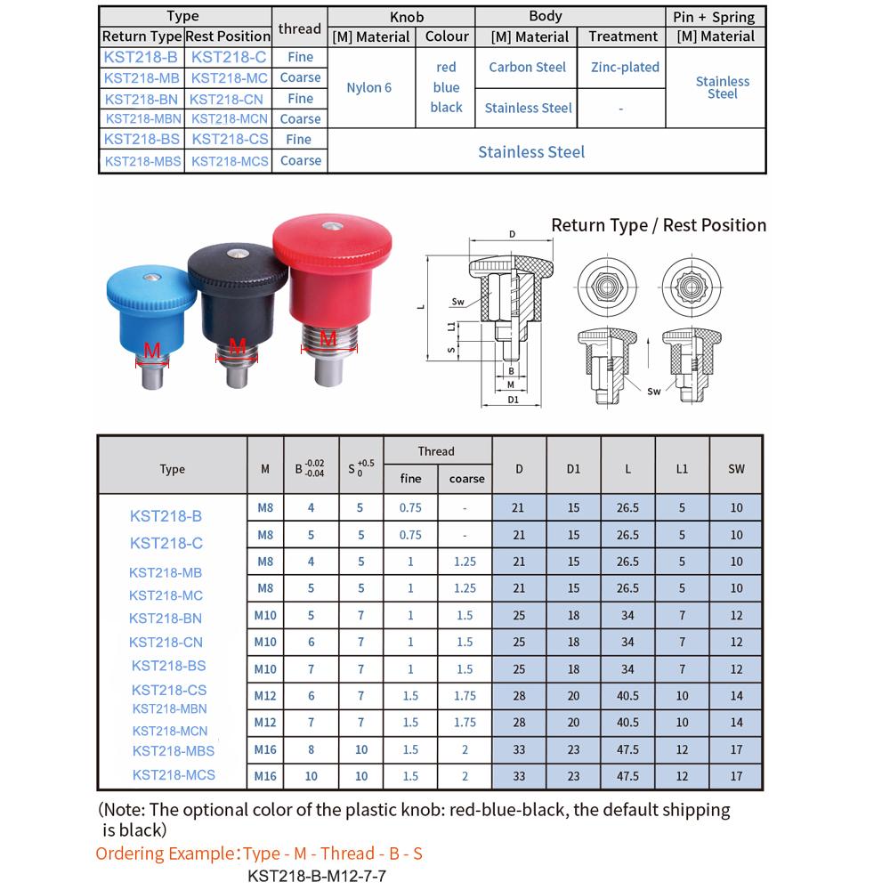 

1PC M8~M16 Coarse Thread Indexing Plungers with Spring Screw And Lock Pin Good Quality Position/Return Type Locating Plunger MB-M8-4-5-1.25 червоний