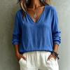 Summer Women Solid Color V-Neck Long Sleeve Shirts Vintage Crinkle Fabric Loose Fit Casual Blouse Tops