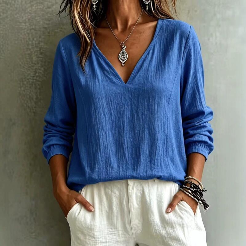 Summer Women Solid Color V-Neck Long Sleeve Shirts Vintage Crinkle Fabric Loose Fit Casual Blouse Tops