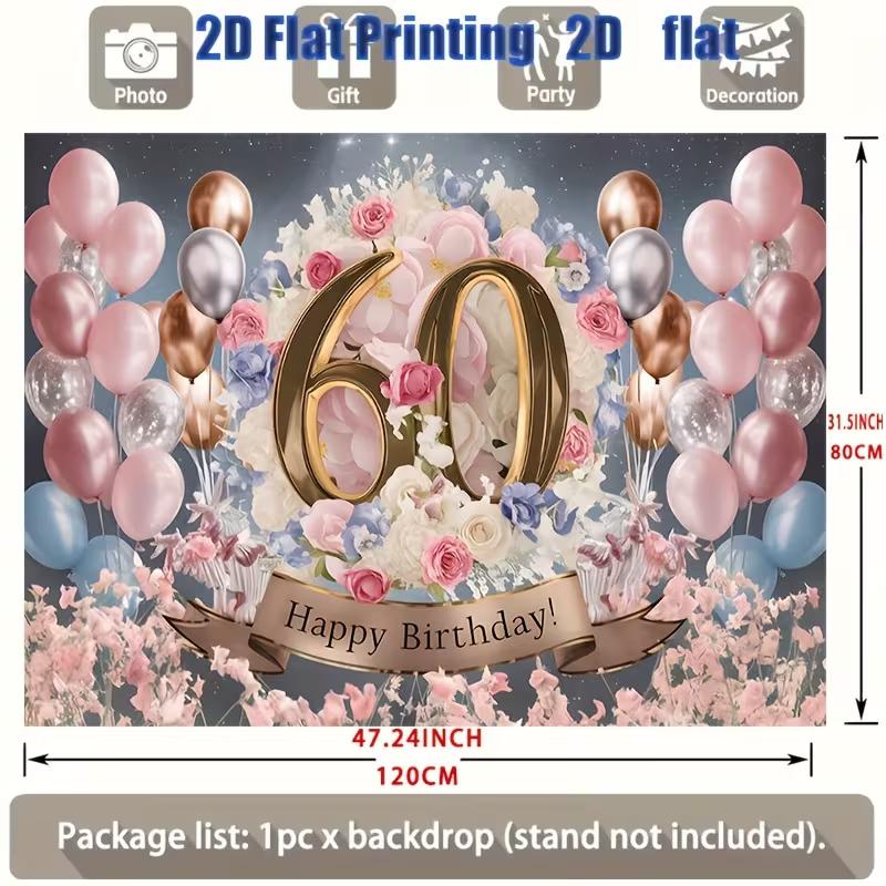 

2D 60th Birthday Backdrop Pink Gold Floral Balloon Happy Birthday Photo Background 47.2x31.5inch/120*80cm