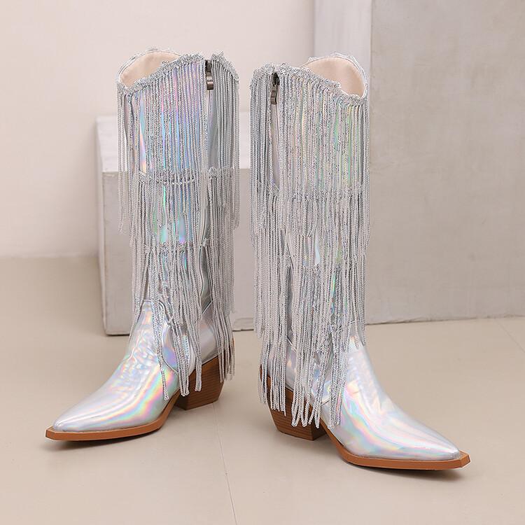 

Fashion New Tassel Sequins Western Cowboy Boots Black Silver Short Plush Autumn/Winter 6.5cm High Heel Wild Fashion Knee Length Boots 46 43