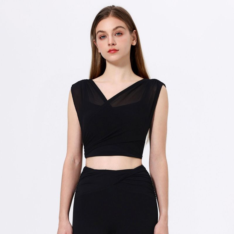 

European and American Mesh Fake Two-Piece Sports Top Women s Belt Chest Pad Yoga Clothes Vest Sexy Breathable Fitness Bra T-shirt Black M