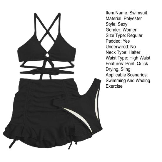 3Pcs/Set Women Swimsuit Solid Color Wave Texture Sexy Split Bikini with Drawstring Ruffle Trim Skirt Lace-up Beachwear