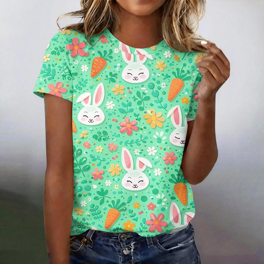 Modieus casual T-shirt met korte mouwen en raglanmouwen voor dames met paasprint.