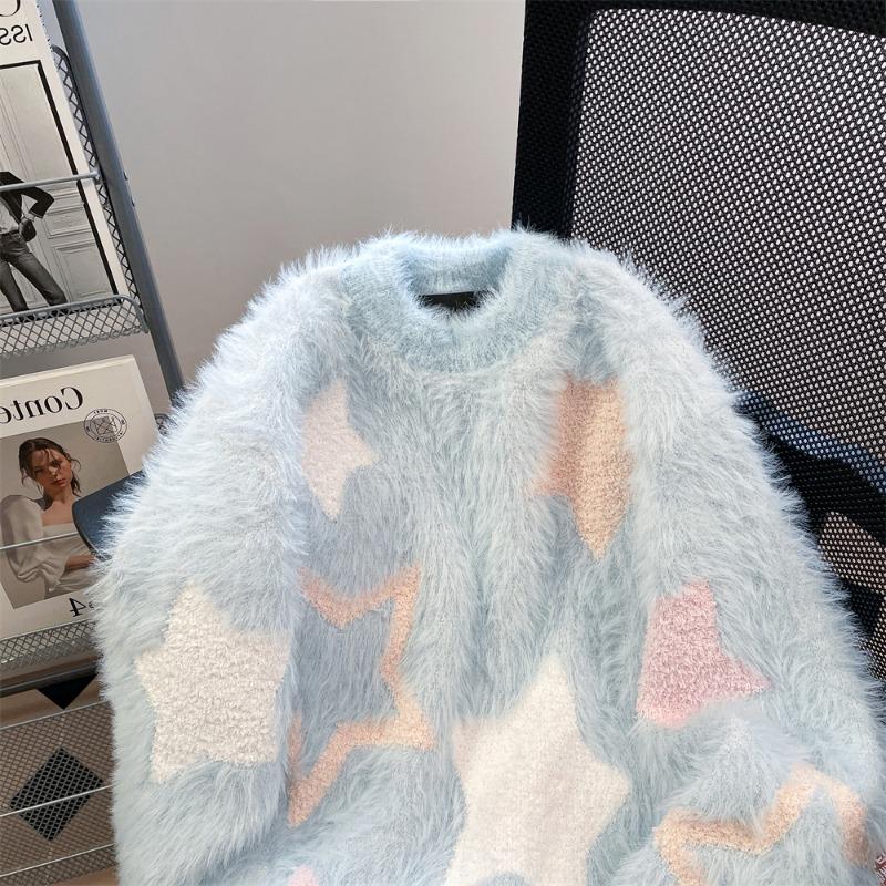 Star Jacquard Women's Sweater Plush Round Neck Long Sleeved Knitted Sweaters Loose Fashion Woman Trendy Pullover Top